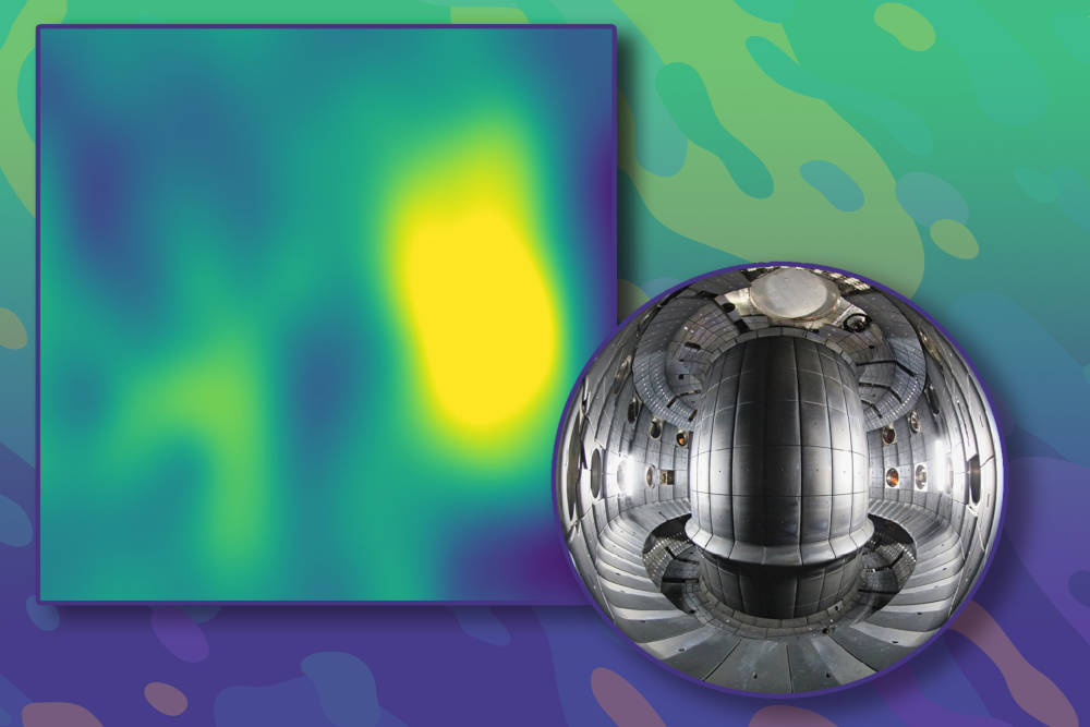 A team of researchers has demonstrated the use of computer vision models to monitor turbulent structures, known as "blobs," that appear on the edge of the super-hot fuel used in controlled-nuclear-fusion research. The super-hot fuel, or plasma, is held inside a tokamak device (right photo). On the left, a "blob" highlighted in yellow is shown in a synthetic image. Courtesy: Massachusetts Institute of Technology (MIT)