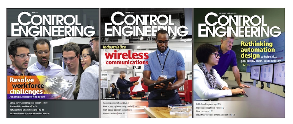 Michael Smith, Control Engineering creative director, chose January/February Edge and AI-enabled IIoT , May Resolving workforce challenges and August industrial wireless as his three favorite covers in 2022. Courtesy: Control Engineering, CFE Media and Technology