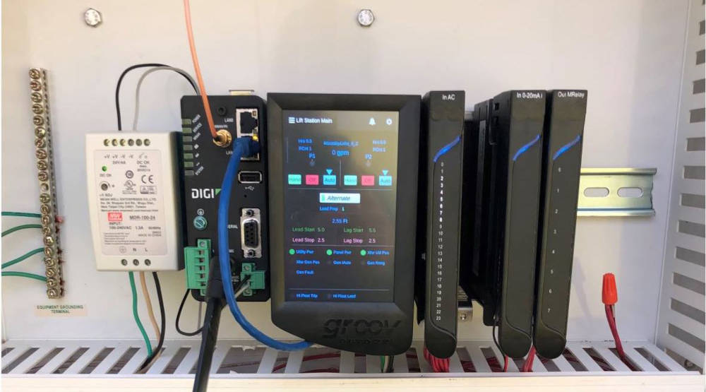 Figure 1: One of Waterford DPW’s lift station control panels, showing the new layout with the Opto 22 groov EPIC controller and DIGI modem. The water/wastewater utility chose the groov controller because of its built-in MQTT capabilities, familiar programming tools, and lifetime I/O warranty. Courtesy: Opto 22